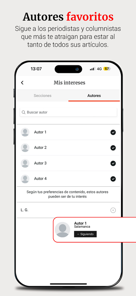 La Gaceta de Salamanca - A screenshot of the La Gaceta de Salamanca app showing the favorite authors selection screen for following specific journalists.