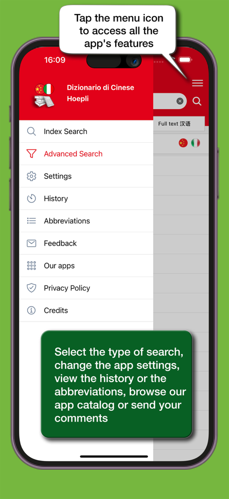 Interface de l'application Dizionario Cinese Hoepli montrant le menu de navigation principal avec les options de recherche et de paramètres