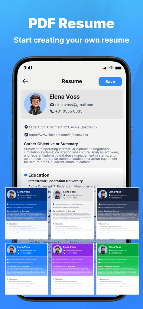 Interface of the Docu PDF Lite app showing a resume builder with several colorful template options