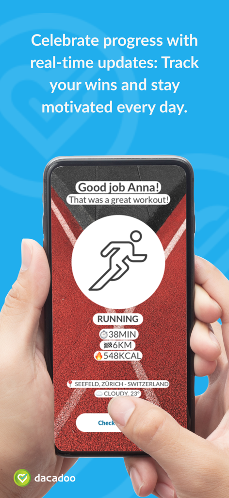 dacadoo - A smartphone showing the dacadoo app with a summary of a completed run including time distance and calories