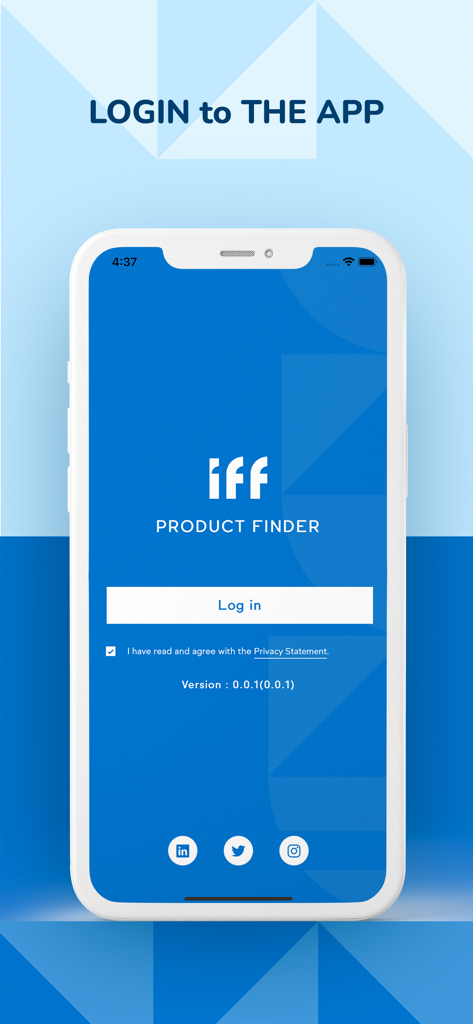 IFF PRODUCT FINDER - IFF Product Finder app login screen featuring the company logo and a login button on a blue background.