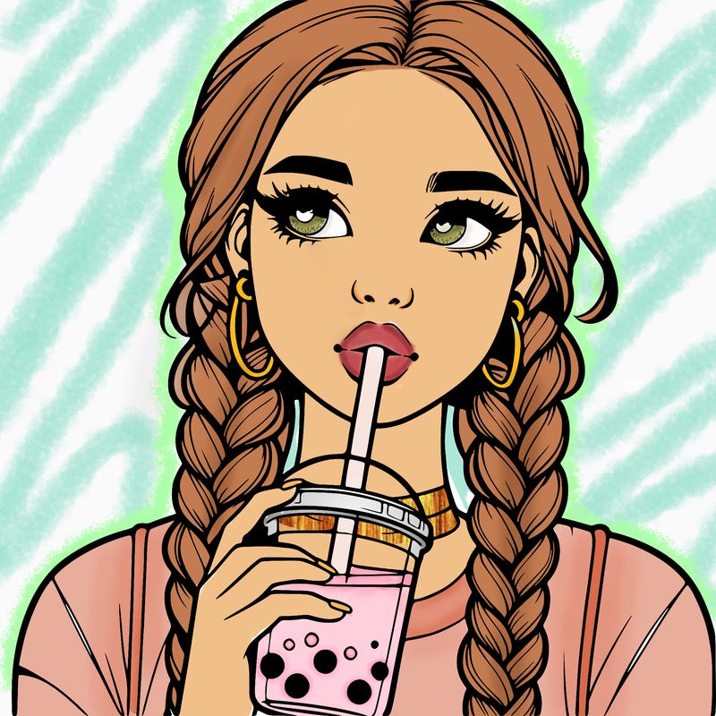 realistic girl with braided hair drinking boba