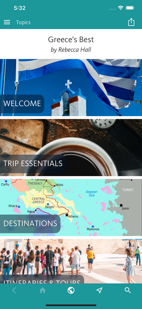 Hauptmenü-Oberfläche der Reiseführer-App "Greece's Best" mit Navigationsbereichen wie Willkommen, Reiseutensilien und Reiseziele.