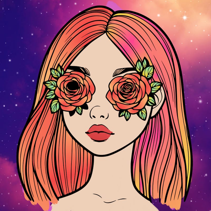 a realistic girl with roses for eyes