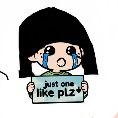 realistic crying boy with a sign saying just one like plz