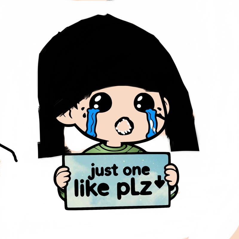 realistic crying boy with a sign saying just one like plz