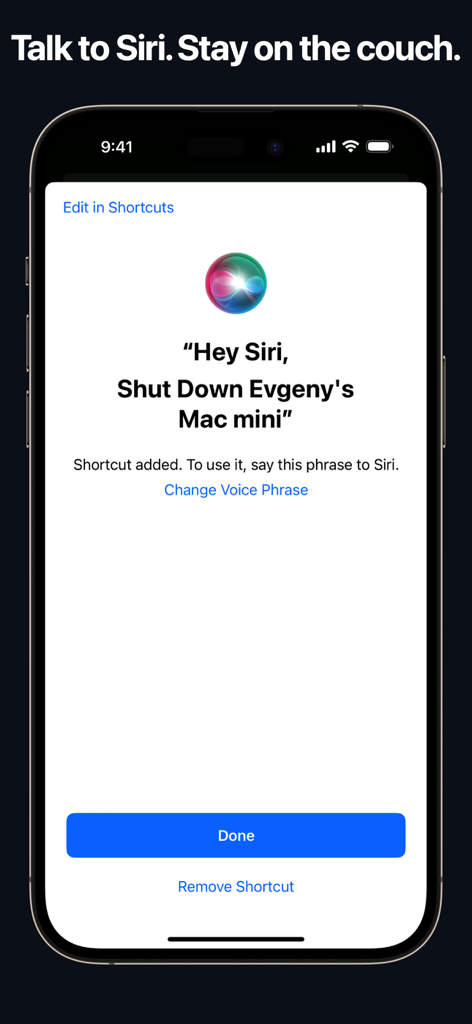 Remote, Mouse & Keyboard - iPhone screen showing a Siri voice command shortcut to shut down a Mac computer remotely