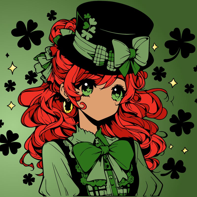 a manga-style girl with clovers around her, a little hat in her hair, like it's saint patrick's day