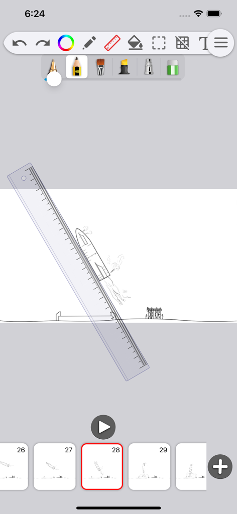 Animation Studio – FlipBook - Dibujando una animación de cohete con la herramienta de regla digital en la aplicación Animation Studio FlipBook