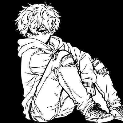 a male hoddie ripped jeans messy hair anime