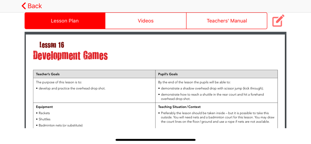 Plano de aula de badminton digital no aplicativo BWF Shuttle Time mostrando objetivos de ensino e equipamentos para jogos de desenvolvimento