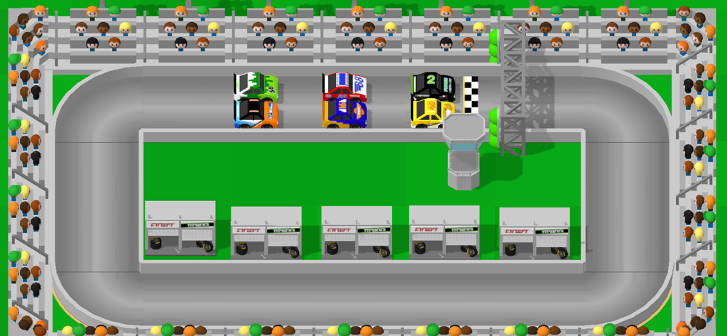 A top down view of a custom built oval race track with cars and grandstands