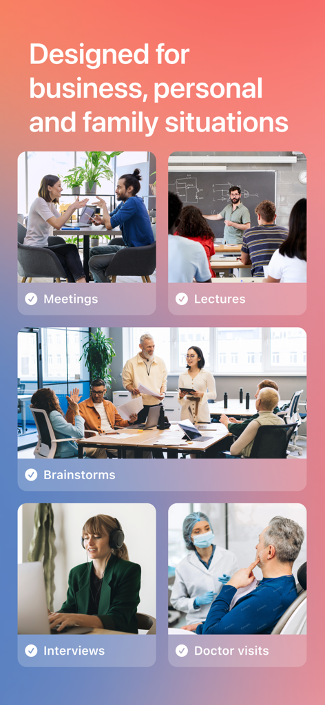 Cue - Smart AI Meeting Notes - A collage of scenarios for using Cue AI including meetings, university lectures, brainstorm sessions, interviews, and doctor visits.