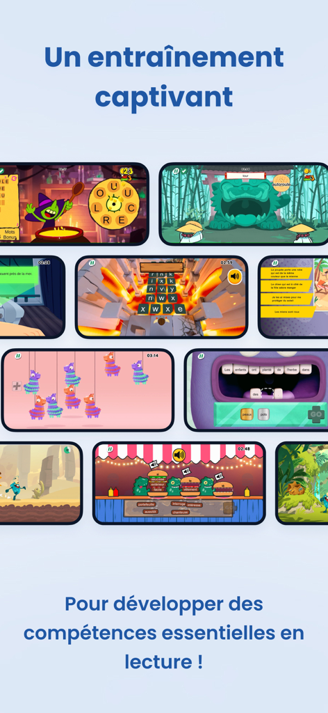 Poppins Learning - Une variété de mini-jeux éducatifs colorés dans l'application Poppins Learning conçus pour développer les compétences en lecture des enfants