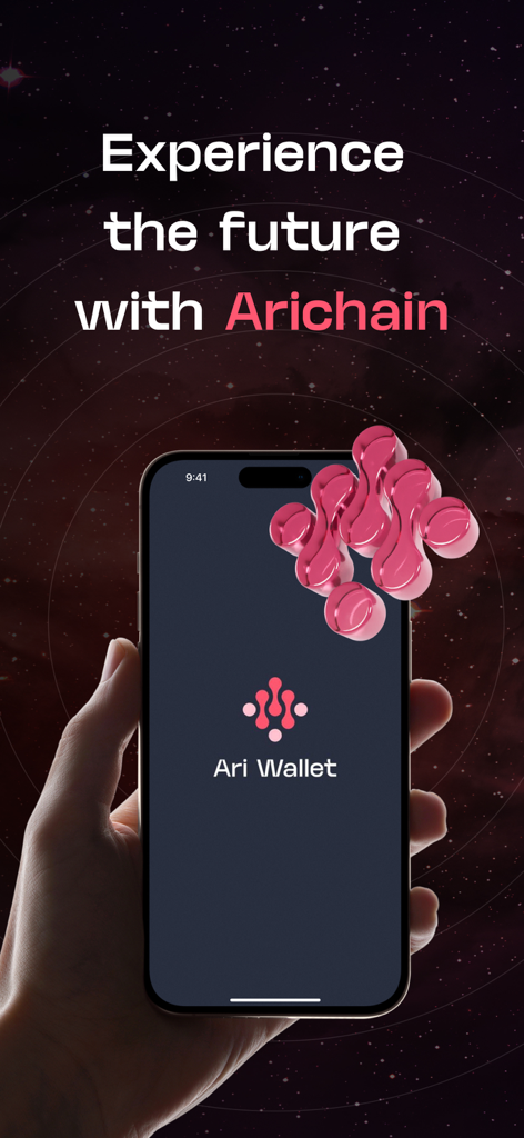 Ari Wallet - Hand holding an iPhone displaying the Ari Wallet logo on a cosmic space background with the text experience the future with Arichain