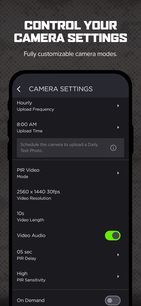 COMMAND PRO - Command Pro app interface showing customizable trail camera settings and video options.