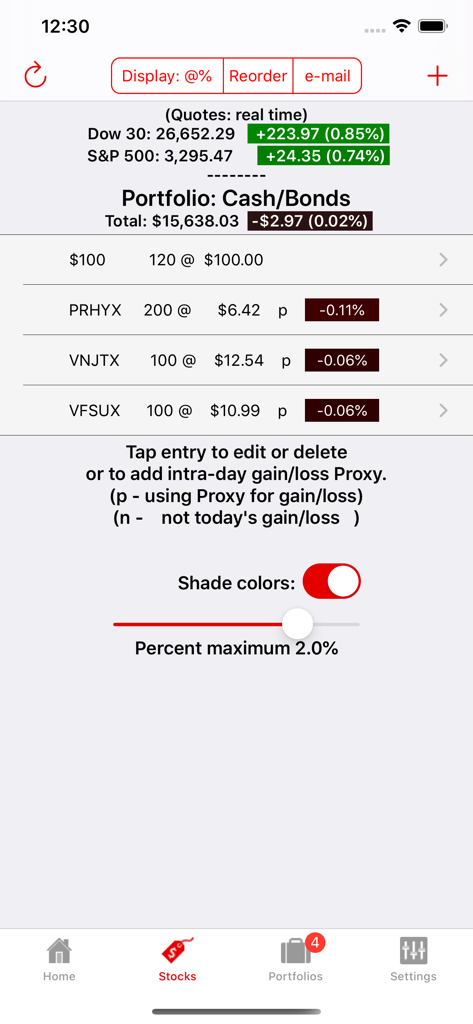 Watch My Stocks - Watch My Stocks app on iPhone showing a cash and bonds portfolio with stock list and color shading settings