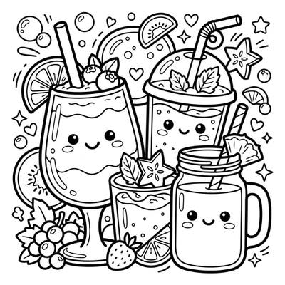 Quench your creative thirst with this delightful Kawaii coloring page featuring an assortment of happy smoothies and vibrant juices. Each cute drink is ready to be brought to life with your favorite colors, surrounded by an abundance of fresh fruits and charming garnishes.