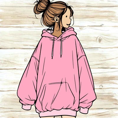 realistic girl with a oversized sweatshirt on and a bun