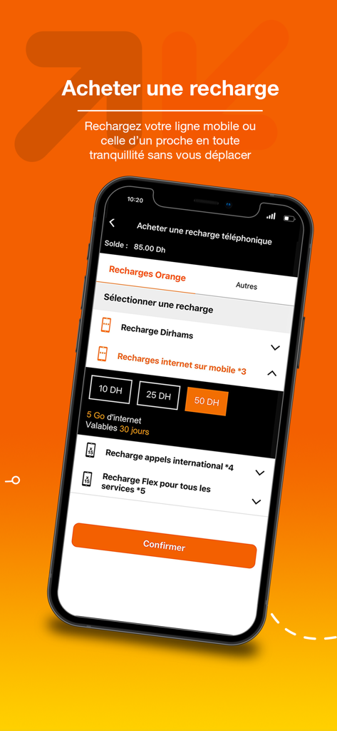 Orange Money Maroc app screen showing mobile phone and internet recharge options in Morocco
