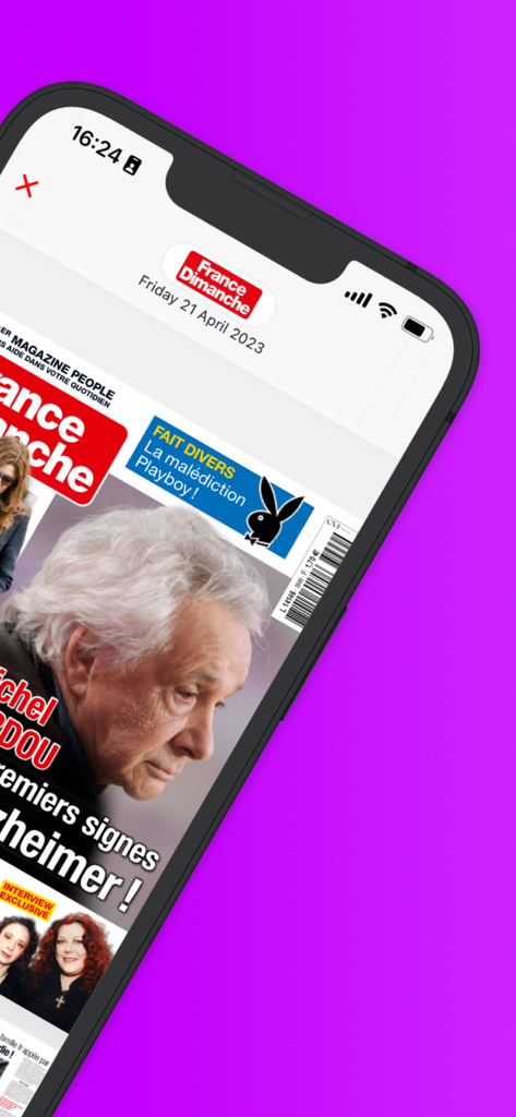 France Dimanche Magazine - France Dimanche magazine app interface on an iPhone showing celebrity news articles