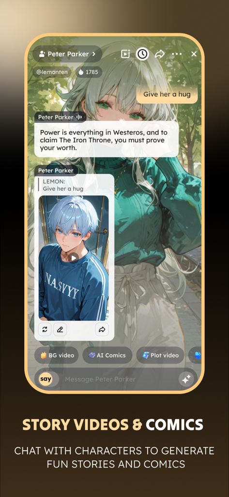 Saylo: AI Character Story Chat - Saylo app interface displaying AI character chat and generated story comics