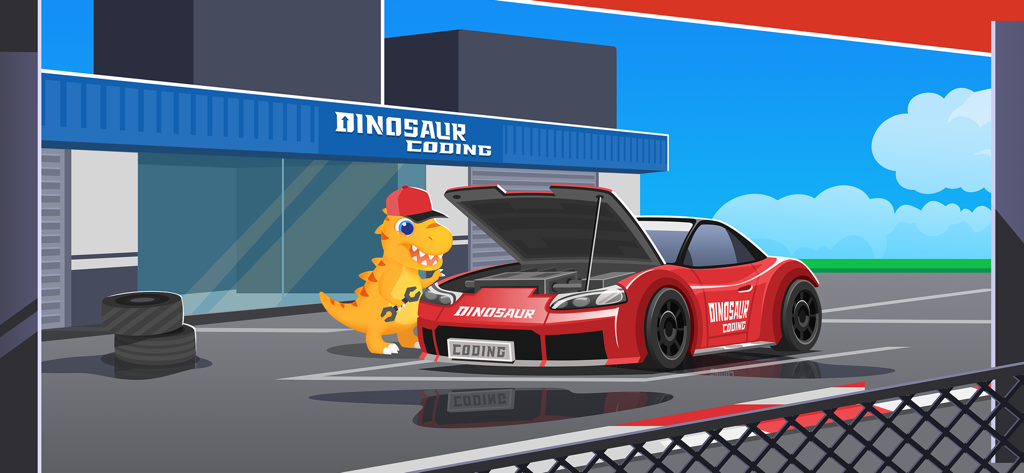 Un dinosaure mécanicien de dessin animé tenant une clé à molette à côté d'une voiture de course rouge capot ouvert.
