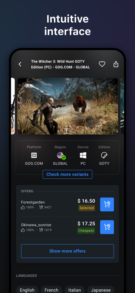 G2A - G2A mobile app screenshot showing a game product page with price offers and platform details