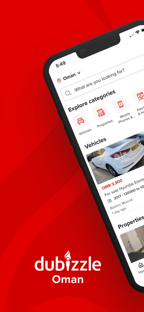 dubizzle Oman - OLX Oman - dubizzle Oman mobile app interface showing search bar and categories for cars and properties