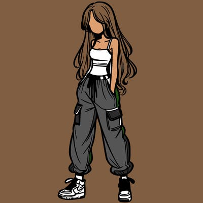 girl in baggy pants crop top and long hair