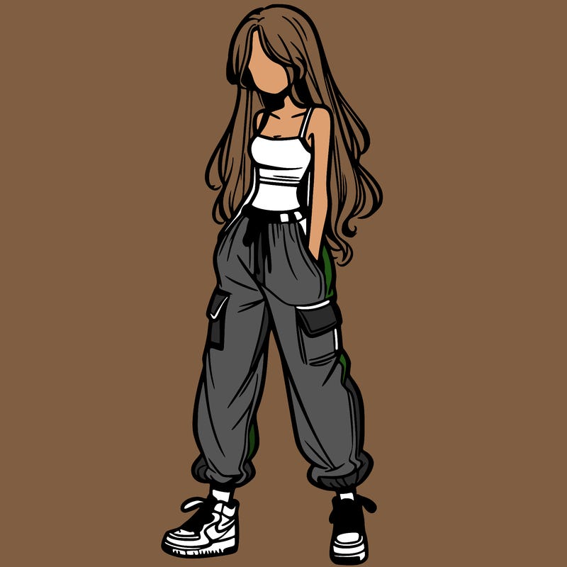 girl in baggy pants crop top and long hair