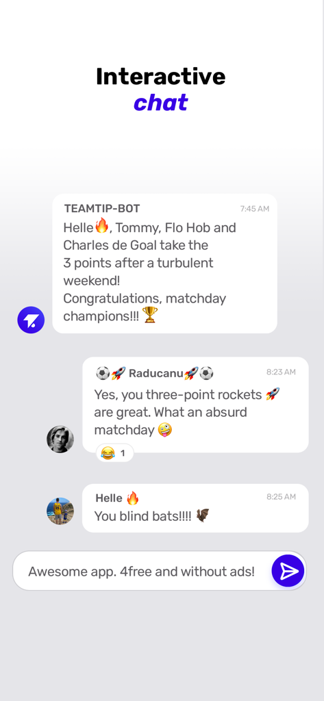 Teamtip - Your Predictor Game - Teamtip app interactive chat interface showing social banter and matchday winner notifications within a sports prediction group.