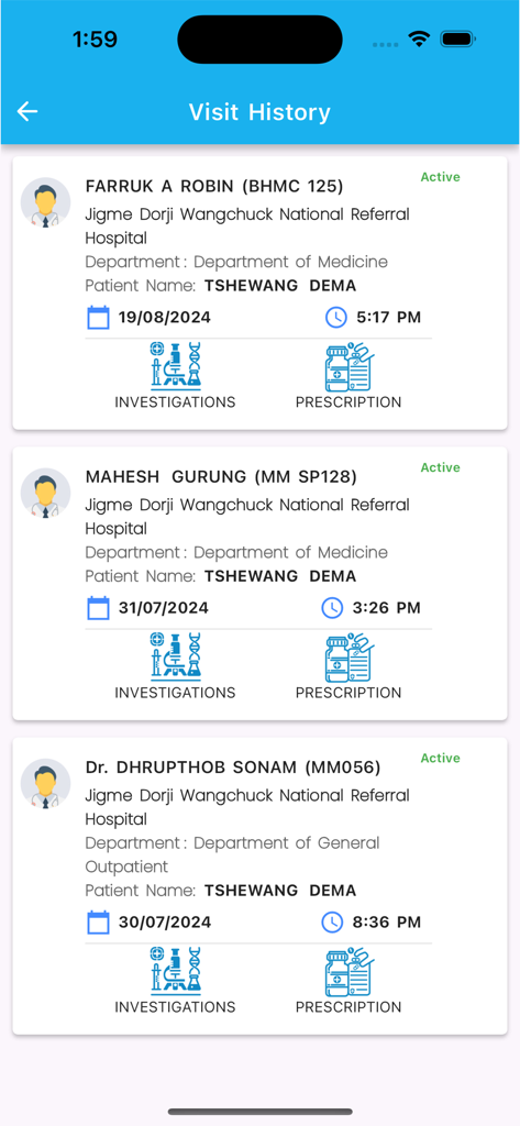 ePIS Patient App - The Visit History screen of the ePIS Patient App displaying medical appointment records with doctor details, dates, and links to investigations and prescriptions.