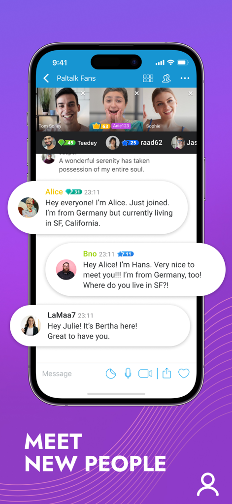 Mobile interface of the Paltalk app displaying a group video chat and text messages within a community room