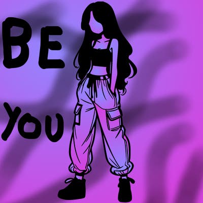 girl in baggy pants crop top and long hair