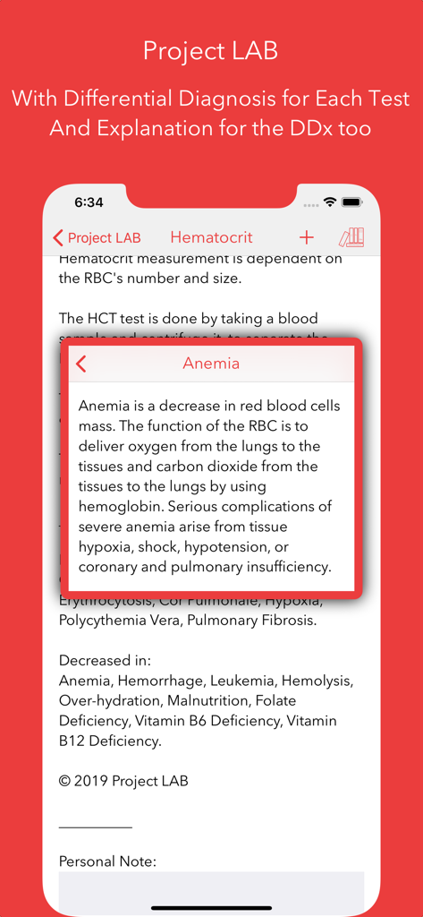 Project LAB - Project LAB app showing hematocrit lab test results and anemia differential diagnosis explanation
