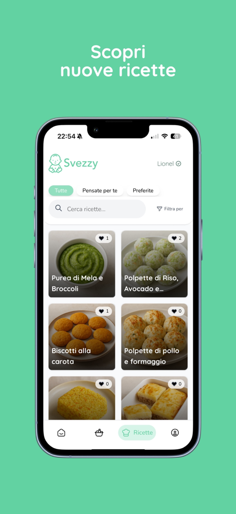 Svezzy - Svezzy app screen showing a collection of healthy weaning recipes for babies including purees and finger foods