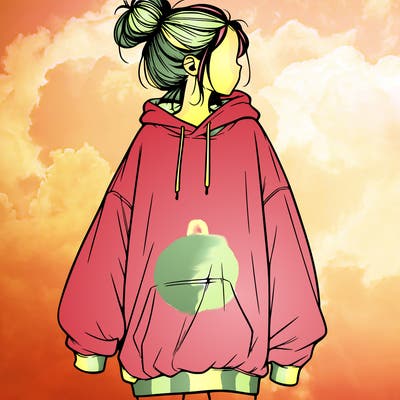 realistic girl with a oversized sweatshirt on and a bun