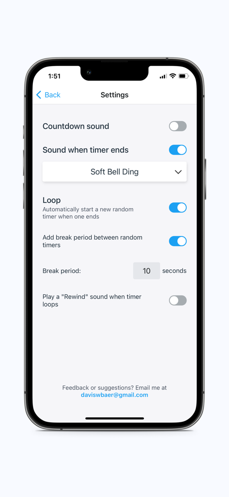 Menú de configuración para Generador de Temporizador Aleatorio mostrando opciones de bucle de sonido y período de descanso