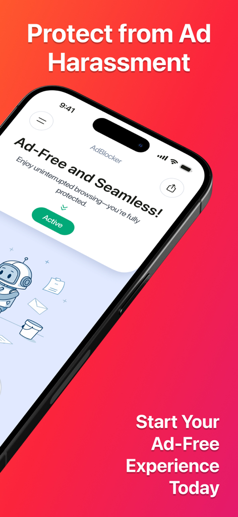 Pro Block – Safari Ad Blocker - Pro Block app interface on an iPhone displaying an active ad-free protection status