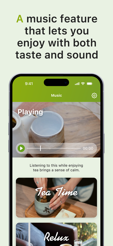 SENCHA -  Japanese Tea - Mobile screen showing tea-inspired music playlists in the SENCHA app for a mindful tea experience