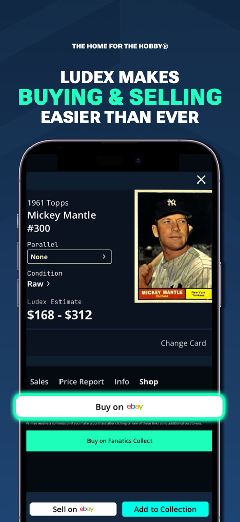 LUDEX Sports Card Scanner +TCG - L'interface de l'application LUDEX montrant une carte Mickey Mantle de 1961 avec des estimations de prix et des options d'achat sur eBay