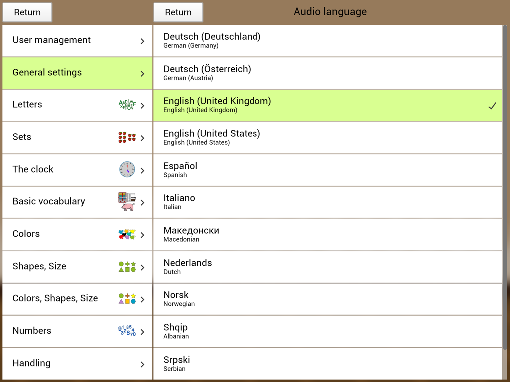 Interfaz de configuración de la aplicación ShowMe 3.0 PRO para seleccionar idiomas de audio