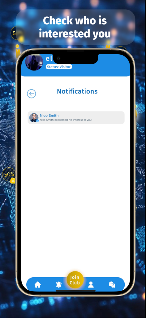 Um smartphone a exibir o ecrã de notificações da aplicação Club IGlobal, onde um utilizador manifestou interesse noutro membro