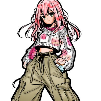 anime teen girl with baggy pants and crop top with sweater
