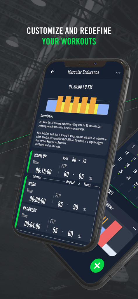 Muscular endurance workout screen in the Bryton Active app showing cycling intervals and FTP data