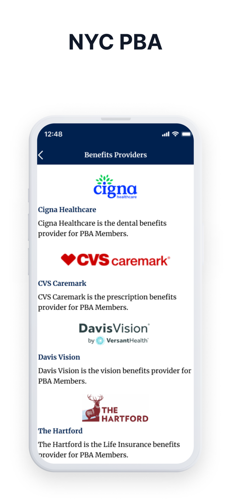 NYC PBA - A screen from the NYC PBA app listing benefits providers for union members including Cigna, CVS Caremark, Davis Vision, and The Hartford.