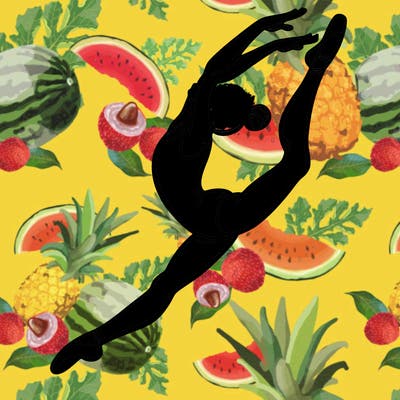 gymnast doing a leap in a leotard with a bent back leg
