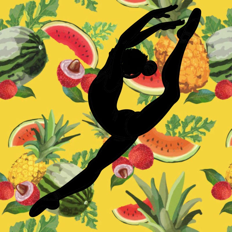 gymnast doing a leap in a leotard with a bent back leg