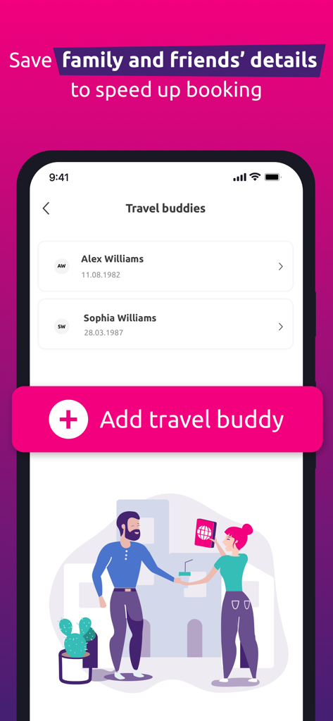 Interfaz de la app lastminute mostrando una lista de compañeros de viaje guardados y un botón para añadir compañero de viaje para reservas más rápidas.